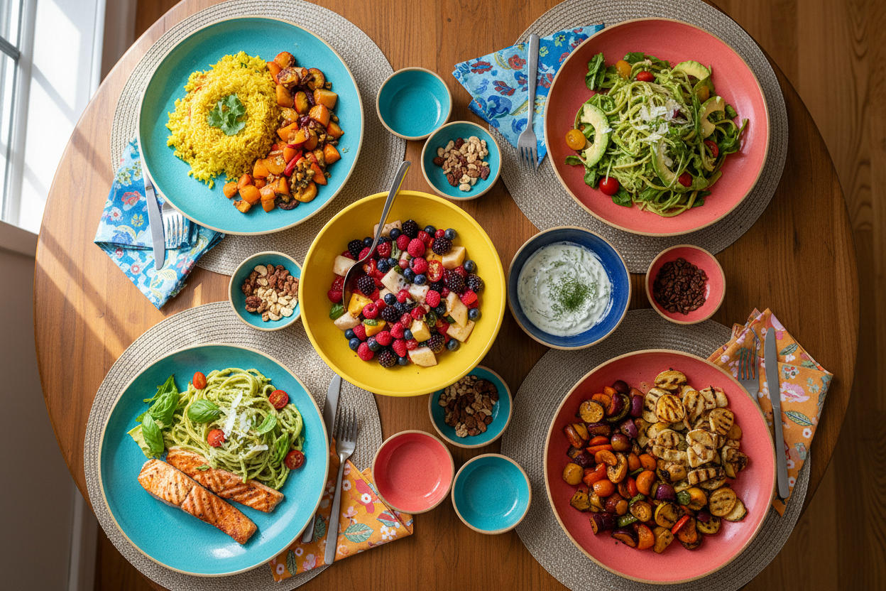 add plates and bowls with food on the table, colorful bowls and plates